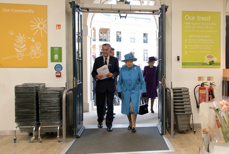 Queen Elizabeth II arrives to look around a Waitrose supermarket during a visit to the town of Poundbury on October 27, 2016 in Poundbury, Dorset. Photo via Getty Images.